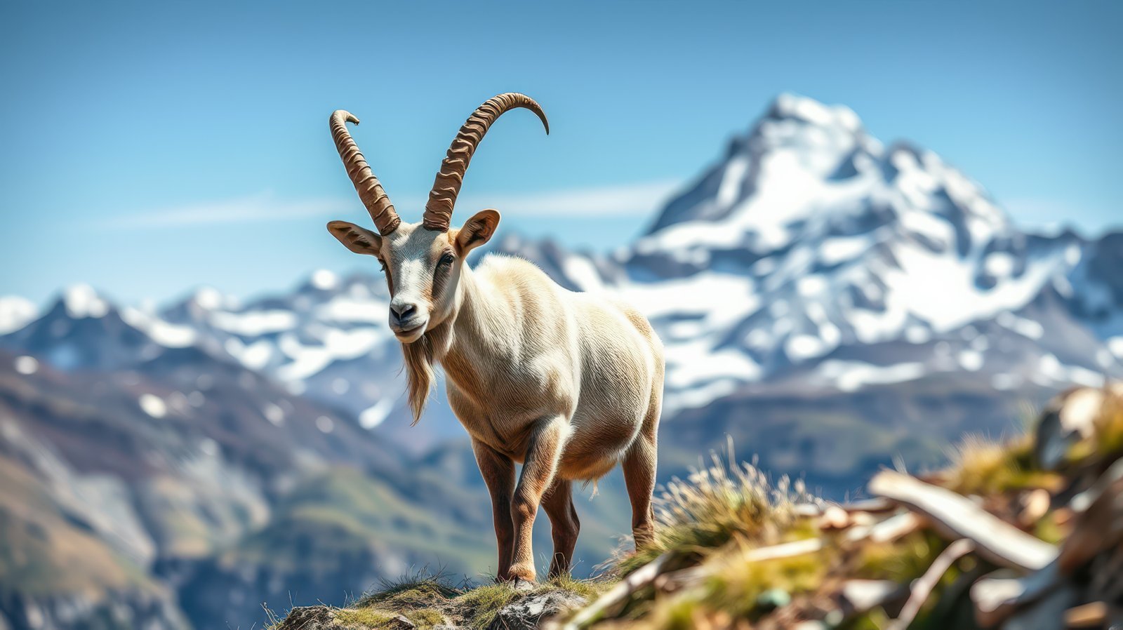Mountain goat poses majestically against snow-capped peaks in a stunning alpine landscape during bright daylight
